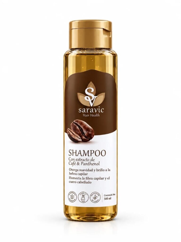 Shampoo de café con panthenol Saravic 500 ml para suavidad y brillo del cabello