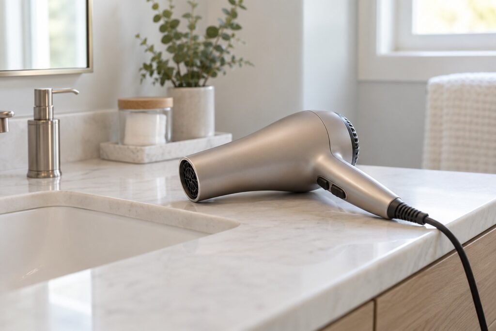 Causas del frizz: secador de cabello en un baño